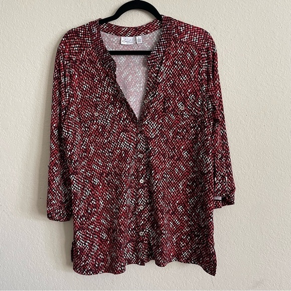 Kim Rogers speckled red casual button down blouse top size Large stretch comfort - Picture 4 of 8